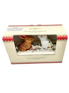 Cath Kidston Salt and Pepper Shaker Set With Ceramic Tray Festive Rabbit & Bear